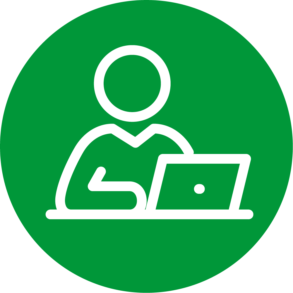 Green icon with a graphic of a person using a computer.