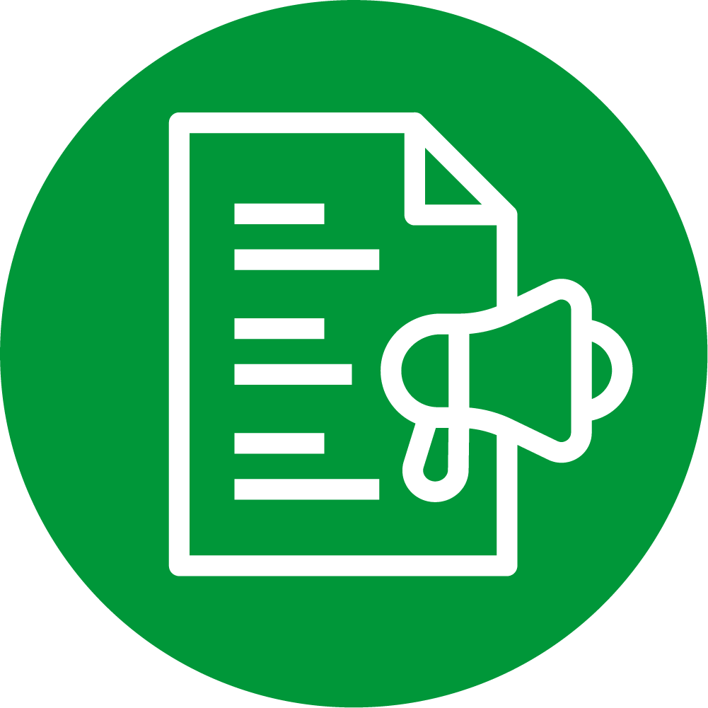 Green icon of a piece of paper and a bullhorn.